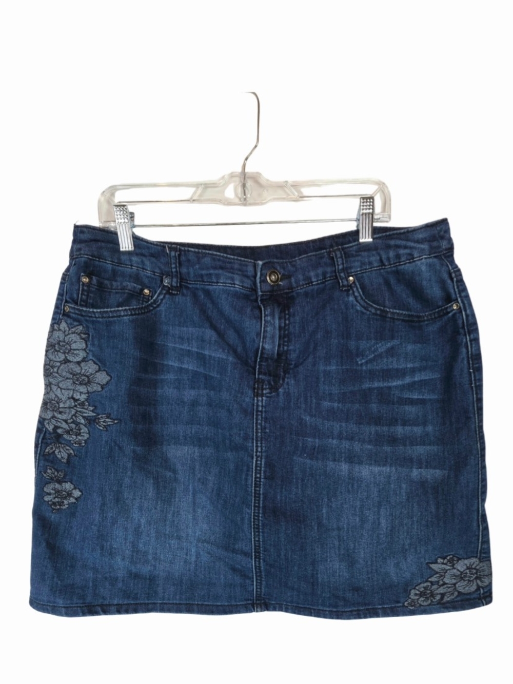 Christopher & Banks Blue Stretch Denim Floral Embroidered Casual Skirt Size 14